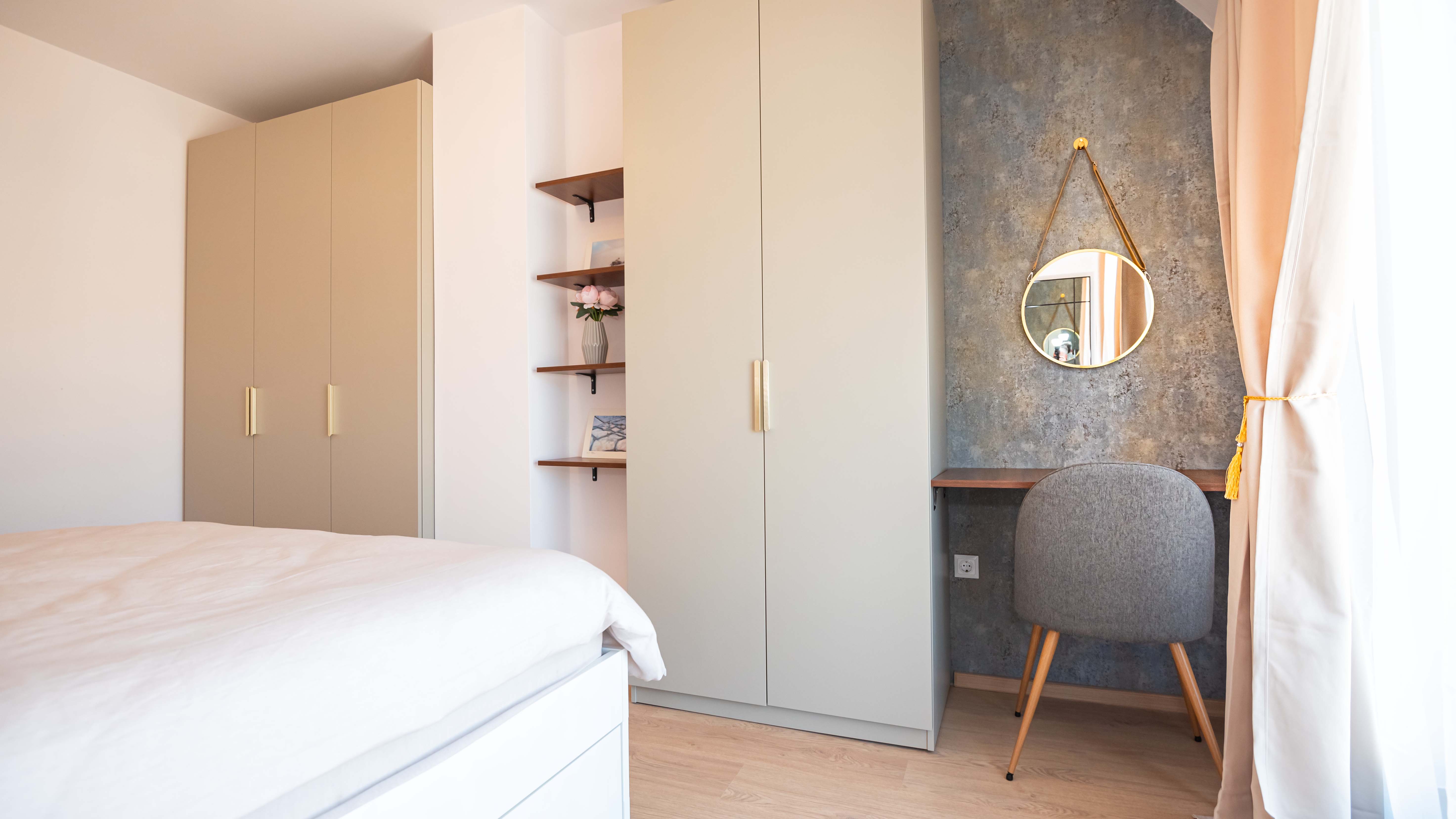 Modern Apartment — bedroom, fitted wardrobes and dressing nook