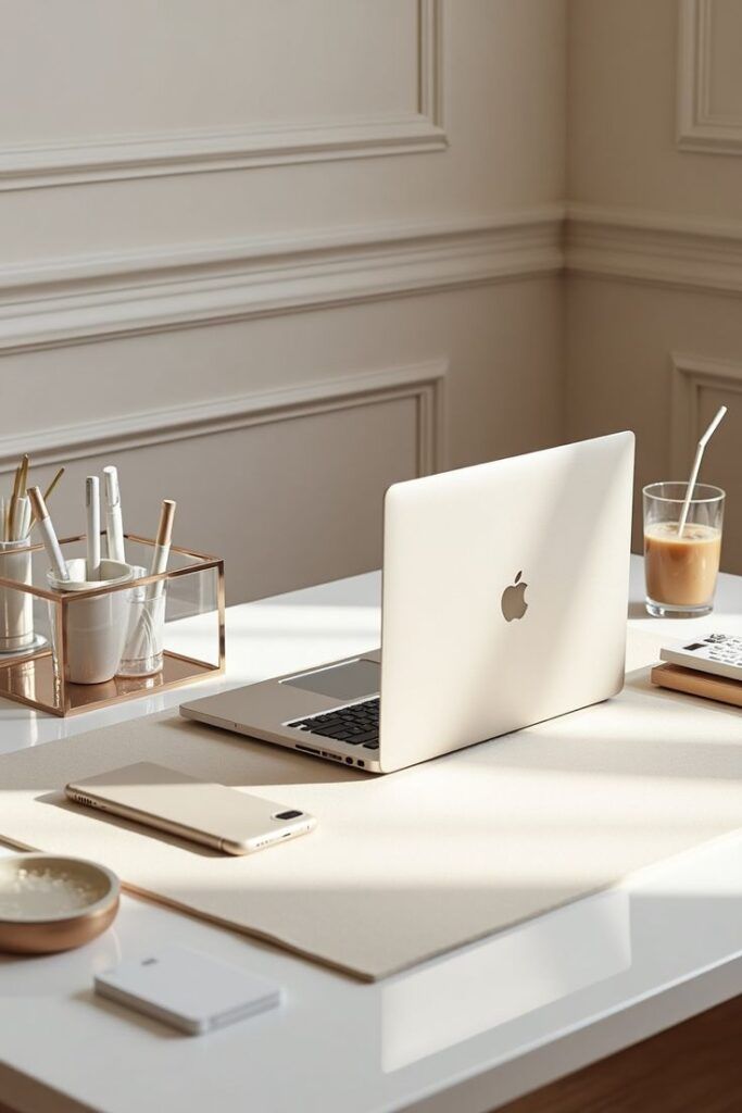 Calm home workspace — laptop, brass desk accessories and iced coffee