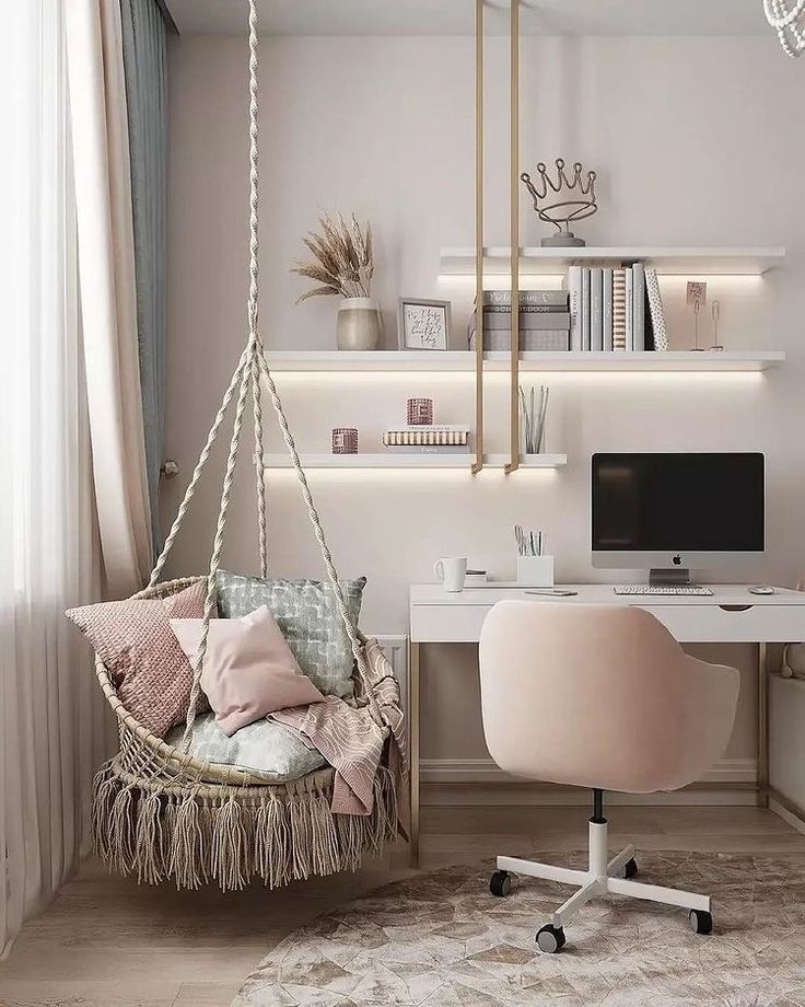 Boho-Chic Apartment — detail, hanging chair and workspace
