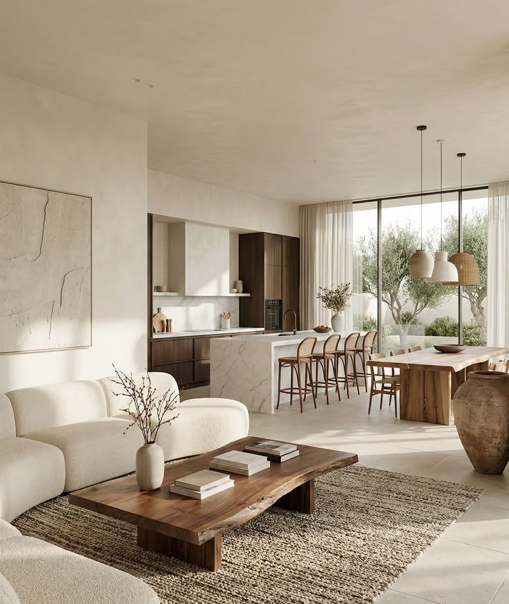 Styled room — warm minimalist open-plan living and dining space with organic textures